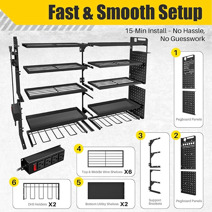 5-Tier Power Tool Organizer Wall Mount, 4-Outlet Charging Station, Garage Storage Rack with 8 Drill Holders, 34" Heavy Duty Metal Utility Shelf, Holds Over 30 Tools for Garage Workshop