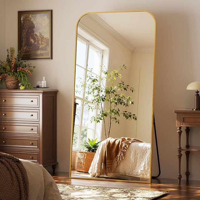 XRAMFY Full Length Mirror - Large Floor Standing & Wall Mountable Full Body Mirror with Sturdy Aluminum Frame, Arched Top Design, Freestanding or Hanging for Bedroom, Living Room, Cloakroom,Gold