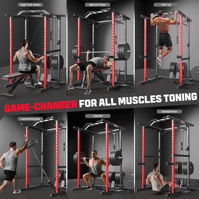 ARMAC Power Cage,1500lbs Multi-Function Power Rack with Adjustable Cable Crossover System and More Training Attachment, Weight Cage for Home Gym