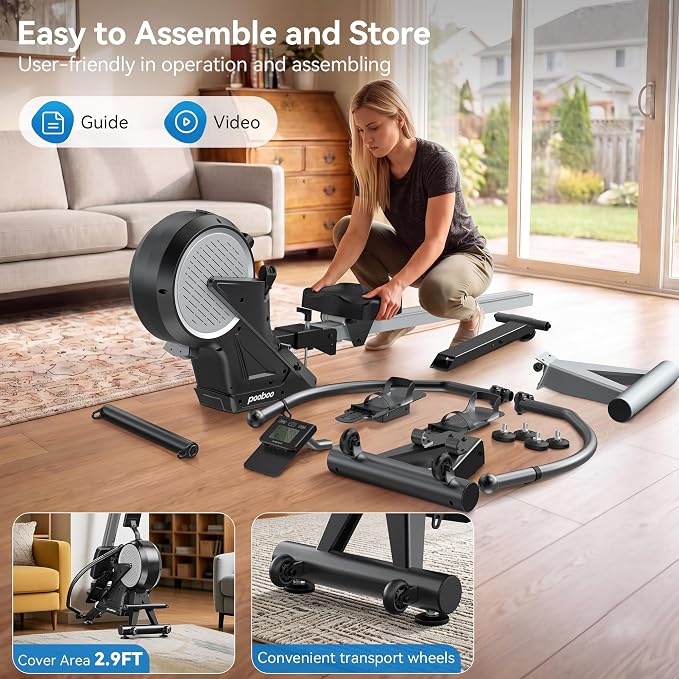 pooboo Magnetic Rowing Machines Rower Foldable with 16 Level Resistance Indoor Rower Machines with Digital Monitor & Transport Wheels for Home Use