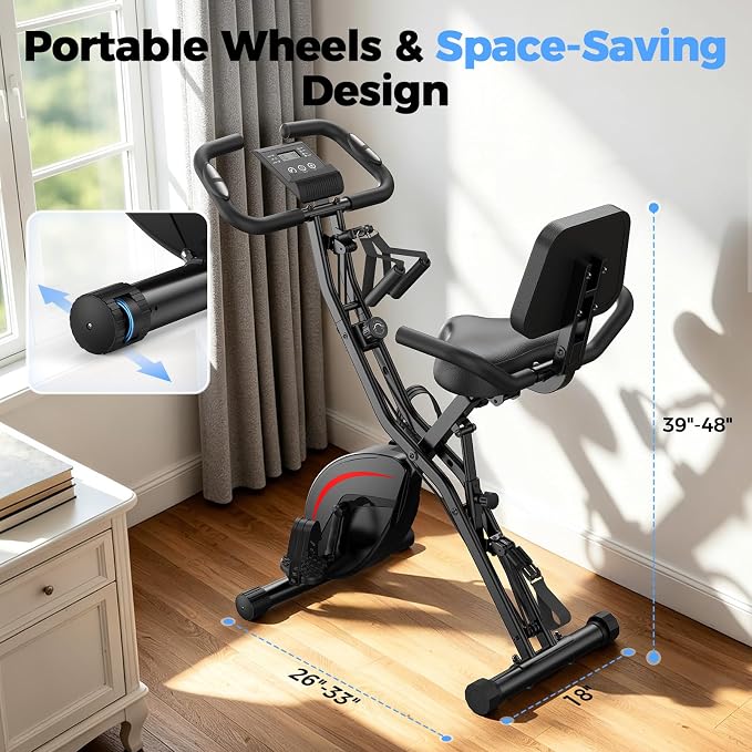 Pleny Folding Exercise Bike, 5 IN 1 Stationary Bikes for Home 6.6 LBS Flywheel, 330LB Weight Capacity Back Support Cushion Indoor Workout Cycling Bike for Home Gym
