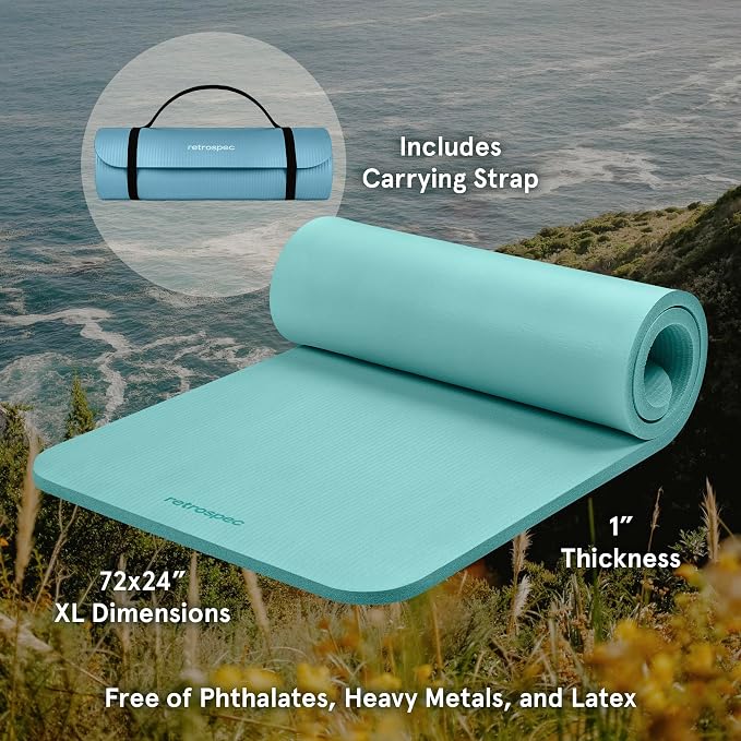 Retrospec Solana Yoga Mat 1" Thick w/Nylon Strap for Men & Women - Non Slip Exercise Mat for Home Yoga, Pilates, Stretching, Floor & Fitness Workouts