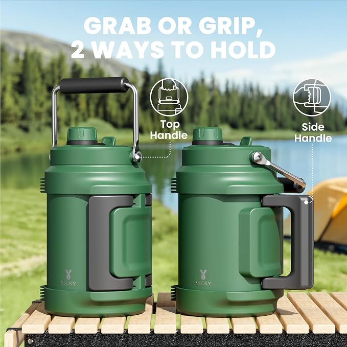 64 oz Insulated Water Bottle for Camping: Meoky Triple Wall Vacuum Stainless Steel Half Gallon Water Jug - Top and Side Handles, 2-in-1 Straw and Spout Lid, Cold for 36 Hrs, Leak Proof, BPA Free (Fir)