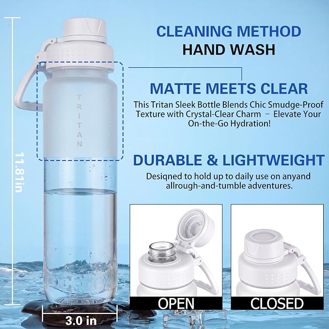OLDLEY 32oz Water Bottle with Handle, BPA-Free Tritan Reusable Sports Water Bottle with Leak-Proof Dust Lid, Wide Mouth, Cup Holder Friendly, Half Frosted Clear Bottle for Gym,Travel, Work,Pure White