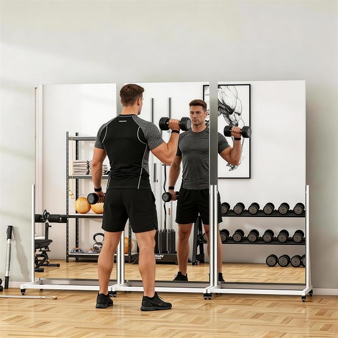 65" x 24" Full Length Rolling Mirror on Wheels for Home Gym, 360° Rotate | Tempered glass & metal frame, 360° rotation, standing holder included, ideal for bedroom, dance studio, fitness training