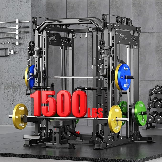 Smith Machine with Cable Crossover System, Multi-Function Power Cage Squat Rack for Home Gym, Power Rack and Packages Weight Sets.