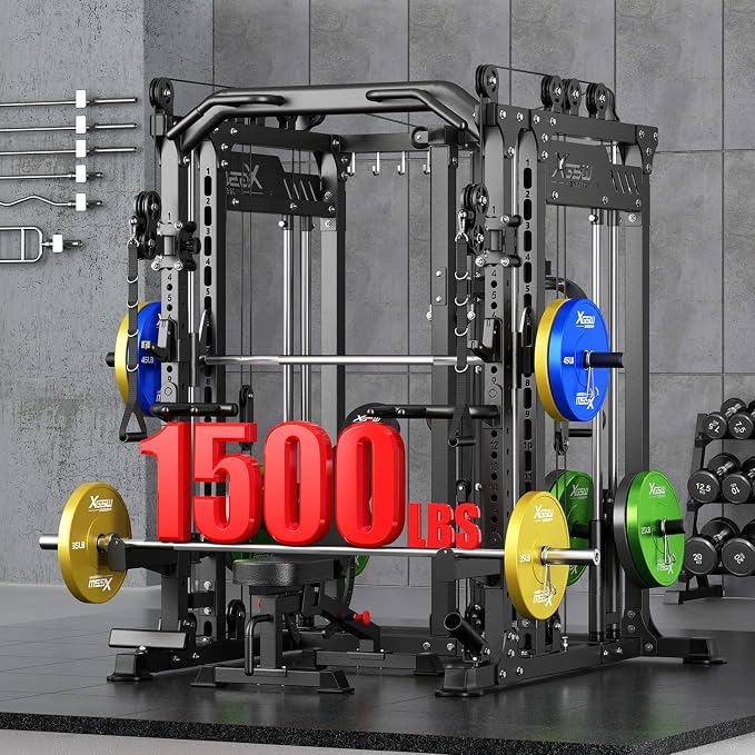 Smith Machine with Cable Crossover System, Multi-Function Power Cage Squat Rack for Home Gym, Power Rack and Packages Weight Sets.