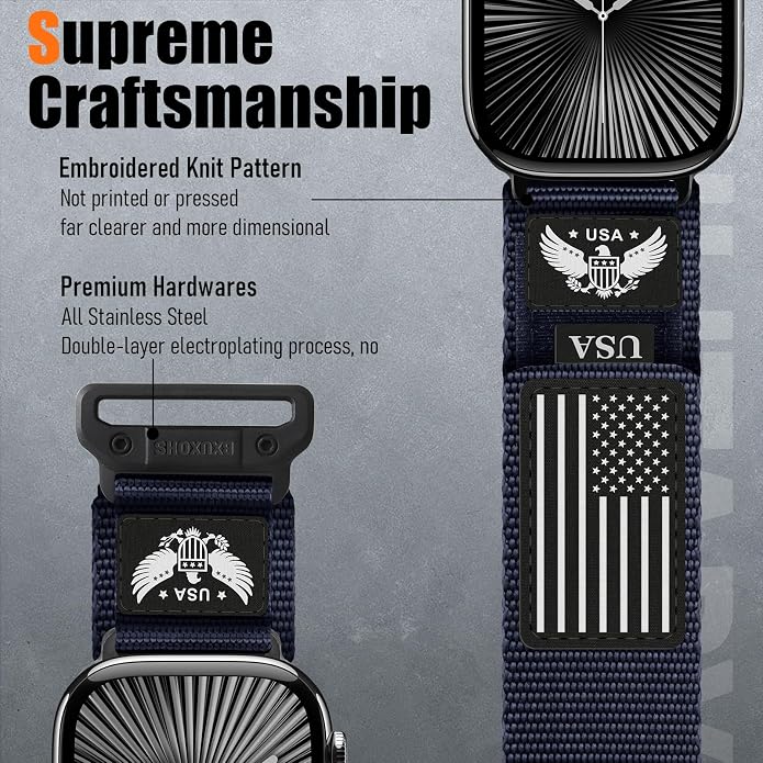 Rugged Nylon- Compatible with Apple Watch Ultra 3/ Ultra 2 Band 49mm Men,Tactical Soft Woven Stars- Stripes Flag Sport Strap for iWatch Bands 46mm 45mm 44mm 42mm Series 11 10 9 8 7 6 5 4 3 2 1 Se
