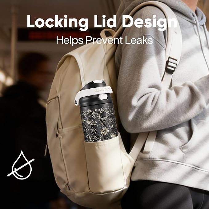 ENCOOL Leakproof Insulated Water Bottle with Straw Dual-Sip Water Bottle Bag-Safe Design for Work, Commute & Gym – Keeps Drinks Cold All Day, 24 oz, Oracle Moth