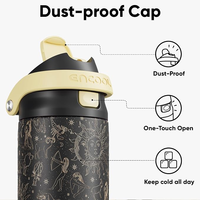 ENCOOL Leakproof Insulated Water Bottle with Straw Dual-Sip Water Bottle Bag-Safe Design for Work, Commute & Gym – Keeps Drinks Cold All Day, 24 oz, Zodiac Stories