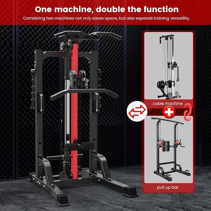 Pull Up Bar Power Tower Dip Station with Cable Machine, 450LB Home Gym | Pull up bar, dip station and 16-position cable system for pull ups, dips, lat pulldowns, rows and full-body training