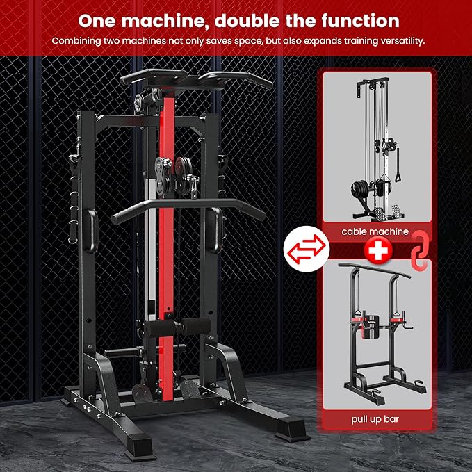 Pull Up Bar Power Tower Dip Station with Cable Machine, 450LB Home Gym | Pull up bar, dip station and 16-position cable system for pull ups, dips, lat pulldowns, rows and full-body training