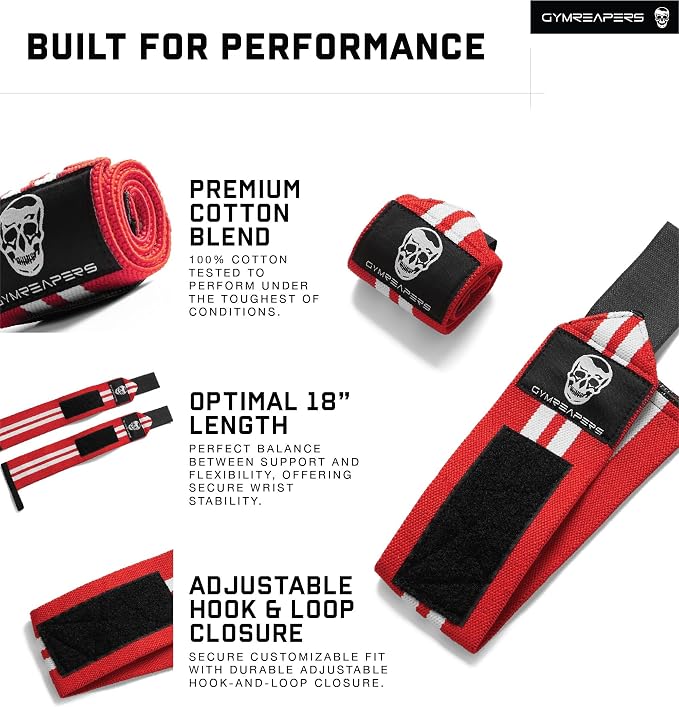 Gymreapers Weightlifting Wrist Wraps (IPF Approved) Professional Quality Wrist Support with Heavy Duty Thumb Loop - Best Wrap for Powerlifting Competition, Strength Training, Bodybuilding