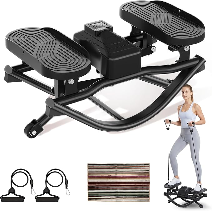 Rock Stepper for Home Exercise, Side-to-Side Mini Stepper with Bands, Low-Impact Cardio for Glutes Legs Core, Quiet LCD Fitness Machine