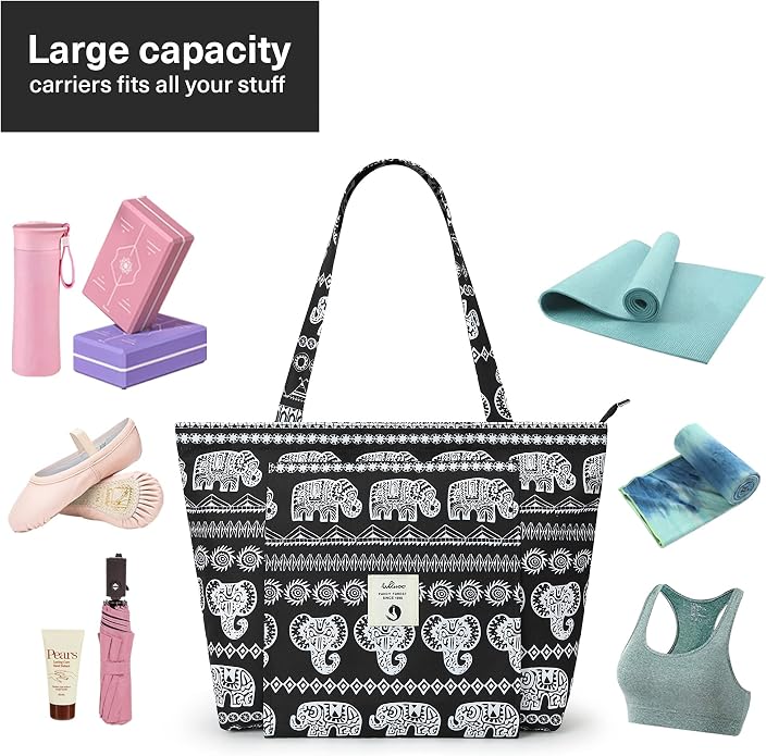 WLLWOO Yoga Mat Carrier Bag for Women Canvas Carryall Tote Gym Pilates | Large Holder Zipper Shoulder for Beach Travel Workout Fitness Office
