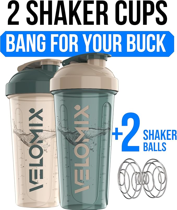 VELOMIX 2 Pack 28oz Protein Shaker Bottle for Protein Mixes, Blue/Beige | 2x Wire Whisk, Leak Proof Shaker Cups for Protein Shakes, Stackable, Dishwasher safe, BPA free, Pre Workout and Fitness ready