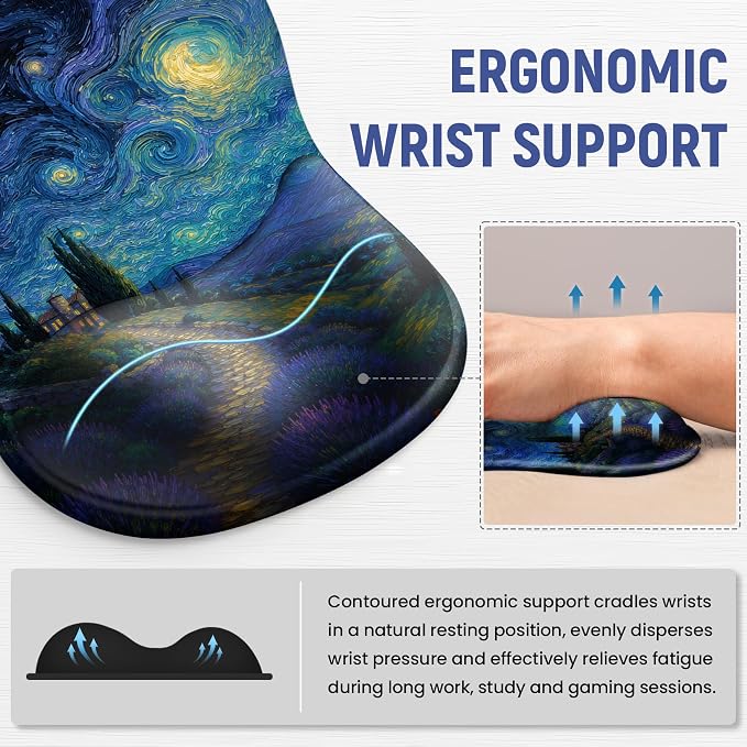 Ergonomic Mouse Pad with Wrist Rest, Gel Wrist Support, Starry | 10.2 x 7.6 in Mouse Pad with Smooth Fabric Surface and Non-Slip Rubber Base for Office, Home, Study, and Gaming