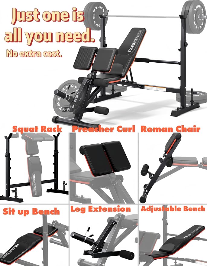 YOLEO 1+X Olympic Weight Bench Set with Rack, Upgraded Roman Chair, Preacher Curl & Leg Extension, 1870LBS Foldable Bench Press System for Full Body & Posterior Chain Training Home Gym