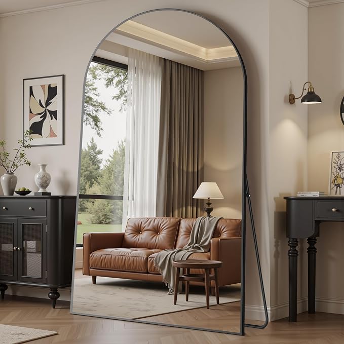 Suidia 88"x44" Arched Full Length Mirror with Stand, Full Body Mirror with Aluminum Frame, Freestanding/Leaning/Wall-Mounted, Floor Mirrors for Bedroom, Living Room, Entryway, Dressing Room, Black