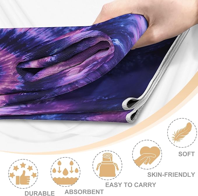 Yoga Mat Towel Non Slip Ultra-Absorbent Hot Yoga Towel, Super Stylish Printed Sweat Hot Yoga Towel, Ideal for Home, Workouts, Pilates, Yoga, 72 x 27in, Purple & Black Tie Dye