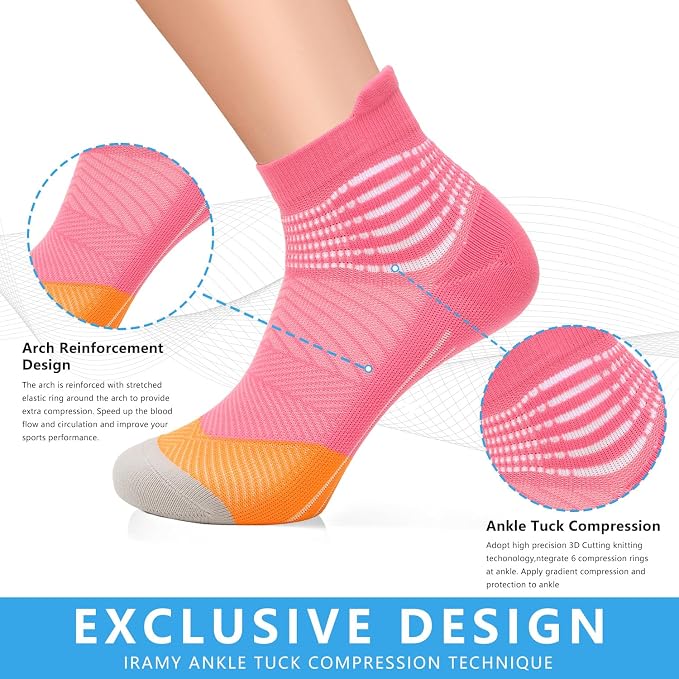 IRAMY Compression Ankle Support Socks Women Wicking Cushioned Athletic Plantar Fasciitis Relief 3/4/6 Pairs