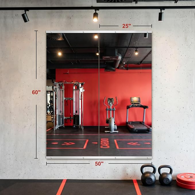 Home Gym Mirror for Wall, 60"x25"-2PCS Frameless Tempered Glass Mirror | Large Full Length Mirror for Garage, Workout, Yoga Room, Dance Studio & Home Exercise
