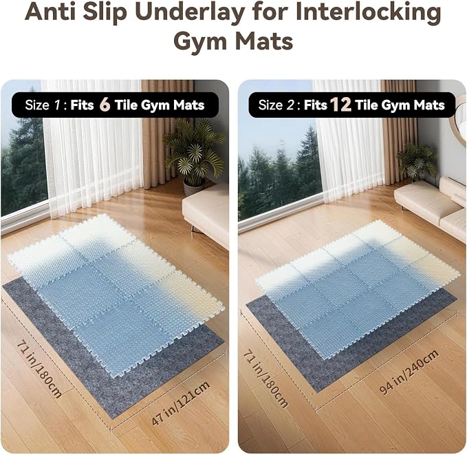 Non Slip Underlay for Interlocking Gym Mats, Prevents Foam Floor Mats from Sliding, Floor Grip Pad for Exercise Equipment Mats, Felt Anti Slip Mat with TPR Rubber Backing – 71"×47" (Fits 6 Tile)