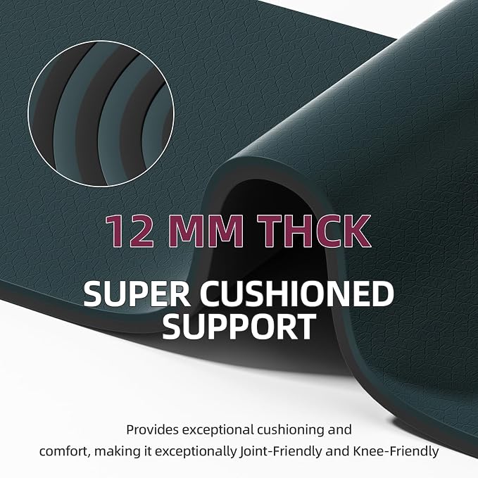 Extra Thick 12mm TPE Exercise Yoga Mat with Strap, 72"L x 24.8"W Non-slip Workout Mat for gymnastics, Pilates, Home, Workout, Gym Floor Fitness