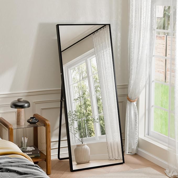 56"×18" Full Length Mirror, 2 Pcs Shatterproof Tempered Glass Floor Mirror, Alum Alloy Thin Frame Standing Mirror with Freestanding/Leaning/Wall Mount for Bedroom, Living Room & Entryway, Black
