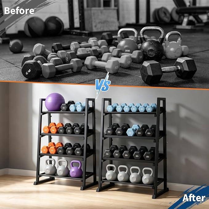 3-Tiers Dumbbell Rack, 1300LB Capacity Adjustable Weight Rack for Home Gym, H-Frame & Trapezoidal-Frame Weight Stand for Dumbells, Kettlebells, Barbells, Weight Plates