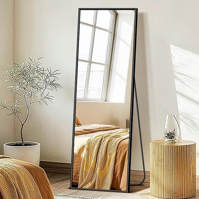 FICTOR Full Length Mirror with Stand, Floor Standing Mirror, 56"x15", Black | HD Shatterproof Glass, Free-Standing or Wall-Mounted, Full Body Mirror for Bedroom, Living Room, Dressing Room, Entryway