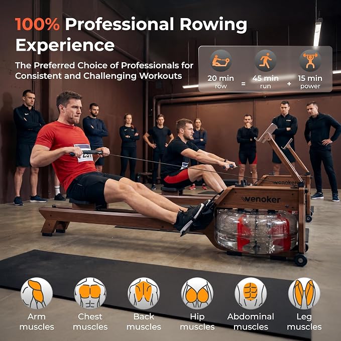 Water Rowing Machine for Home Use, WENOKER Wooden Foldable Rower Machine with Dedicated Monitor & Bluetooth APP