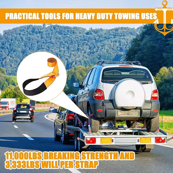 8 Pack Lasso Tow Truck Straps with D Ring 11, 000 Lbs Break Strength D Ring Auto Tie Down Wheel Lift Trailer Strap for Hauling Utv SUV Wrecker Rollback (2" X 8ft,Orange)