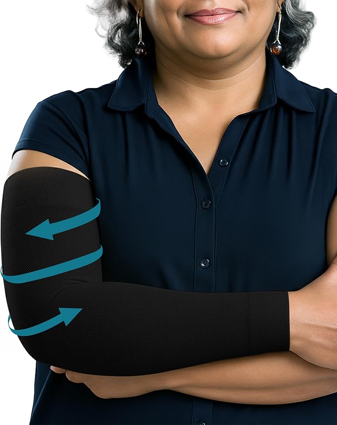 KEMFORD Lymphedema Compression Arm Sleeves for Women - 15-20 mmHg, Silicone Grip, 1 Pair, Black, 5XL - Arm Support for Swelling & Edema