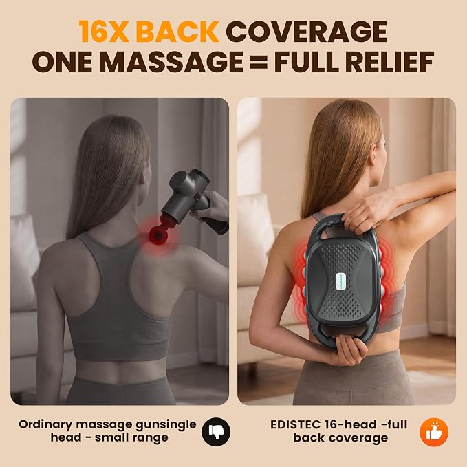 16-Head Deep Tissue Massage Gun, 9 Modes, 99 Intensity Levels | Wide 16-head coverage for back, shoulders, waist, legs, arms, and feet, with a 3600mAh battery and quiet Type-C operation.