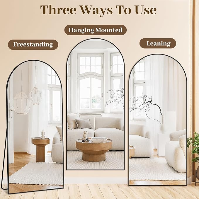 Suidia 78"x38" Arched Full Length Mirror with Stand, Full Body Mirror with Aluminum Frame, Freestanding/Leaning/Wall-Mounted, Floor Mirrors for Bedroom, Living Room, Entryway, Dressing Room, Black