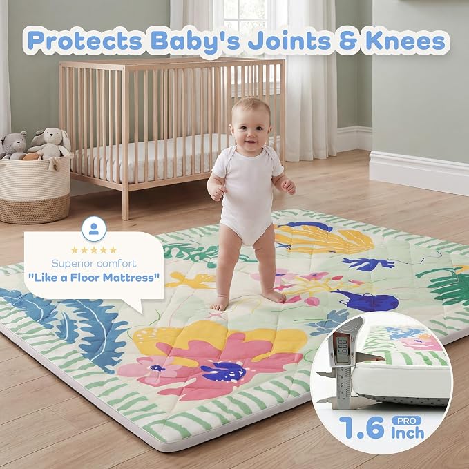 1.6" Thick Baby Play Mat, 71x59 Removable & Machine Washable Cover | Padded Memory Foam, Non-Slip Backing, 100% Baby-Safe Materials, Tummy Time Crawling, Outdoor, Bedroom, Living Room, Nursery