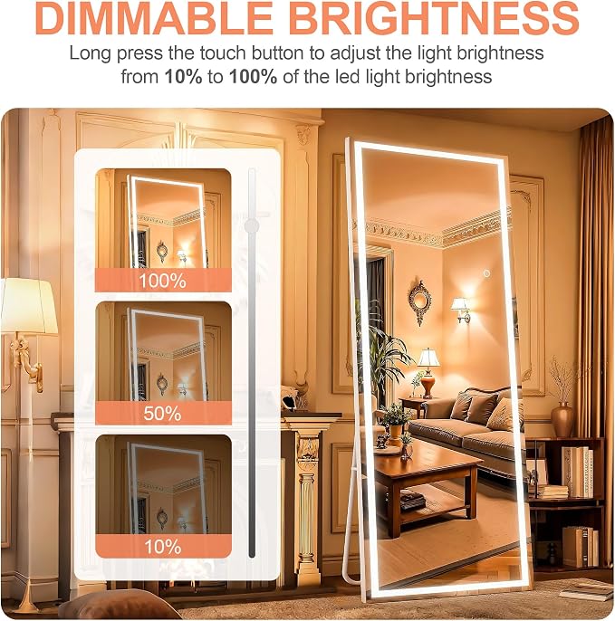 Full Length Mirror with Lights, 56" x 16" LED Lighted Floor Standing Body Mirror, Dimmable & 3 Color Lighting for Bedroom, Cloakroom, Dressing Room, Tempered Glass, Square White