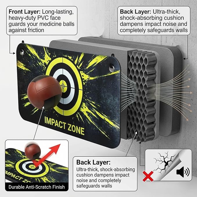 Medicine Ball Target for Wall Ball Training, 31.5" x 16.5" Impact Zone Pad with High Density Foam Backing, Wall Mounted Slam Ball Target with Adhesive & Screw Hooks
