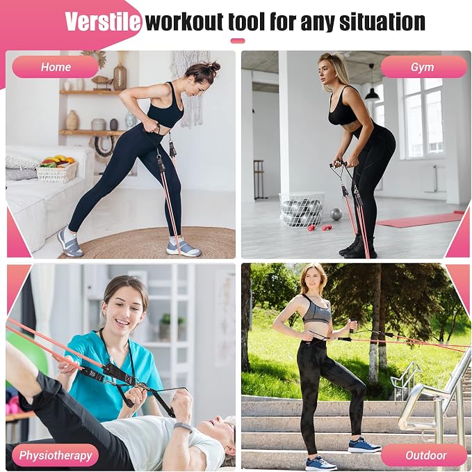 Resistance Bands with Handles for Women, 5 Level Exercise Bands | Workout Bands for Physical Therapy, Yoga, Pilates, Door Anchor, Storage Pouch, Training Poster