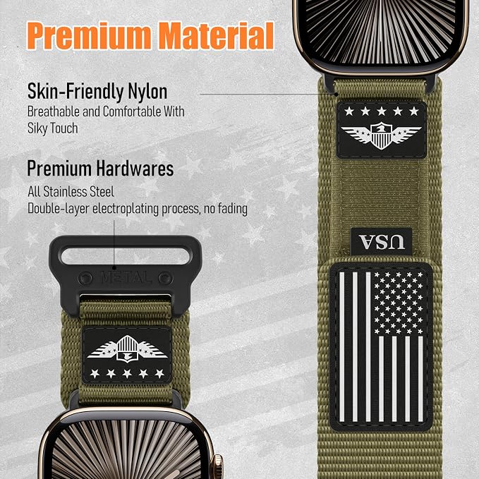 Rugged Nylon for Apple Watch Ultra 2/ Ultra 3 Band Series 11/10/9/8/7/6/5/4/3/SE iWatch Bands Men,Soft Woven Stars-Stripes Flag Wristbands Strap for Apple Watch Ultra 3/2/1 49mm 46mm 45mm 44mm 42mm