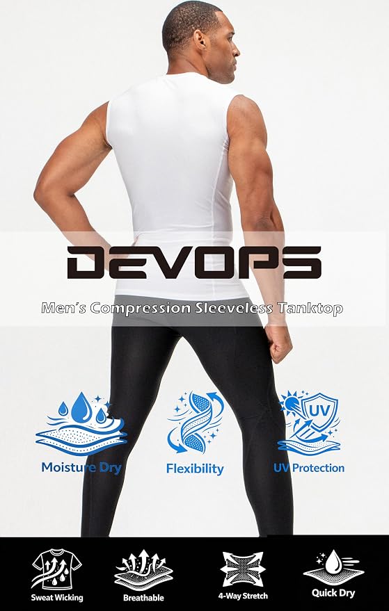 DEVOPS 3 Pack Men's Compression Shirts Sleeveless Tank Top Baselayer | Gym Training, Running, Moisture Wicking, Compression Fit, 4-Way Stretch, UPF 50+, Sleeveless