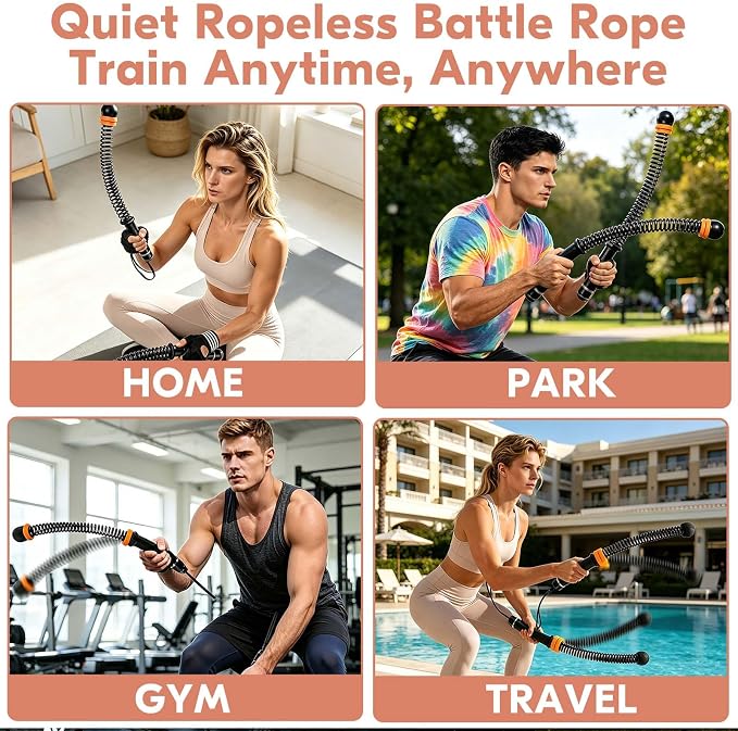 Cordless Battle Ropes for Home Gym – Adjustable Weighted Ropeless Ropes with Non-Slip Handles & Gloves, Portable No-Anchor-Point Workout for HIIT, Strength, Low-Impact Cardio, Men & Women