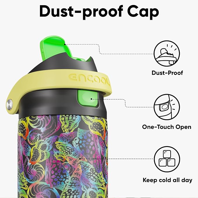 ENCOOL Leakproof Insulated Water Bottle with Straw Dual-Sip Water Bottle Bag-Safe Design for Work, Commute & Gym – Keeps Drinks Cold All Day, 24 oz, Neon Conch