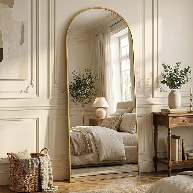 Suidia 68"x26" Arched Full Length Mirror with Stand, Full Body Mirror with Aluminum Frame, Freestanding/Leaning/Wall-Mounted, Floor Mirrors for Bedroom, Living Room, Entryway, Dressing Room, Gold