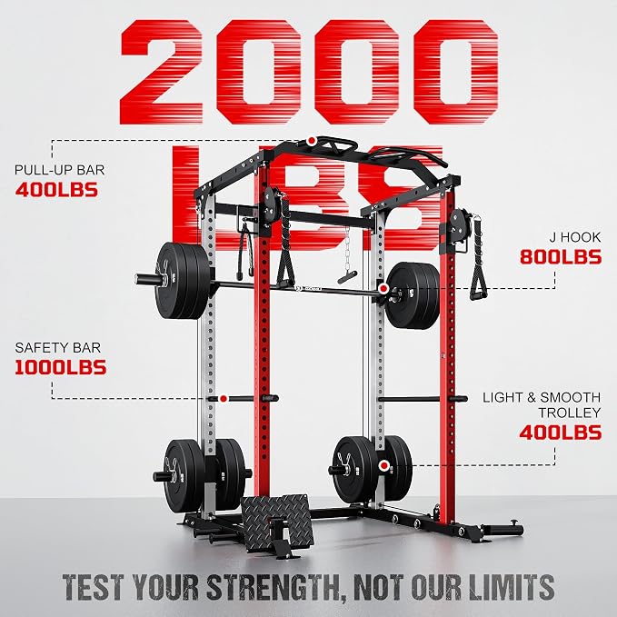 DP01 Power Cage, 2000LBS Squat Rack with Cable Crossover and Dual Independent Pulley System, Full Cage for Full Body Training, Power Rack with More Training Attachments for Home Gym