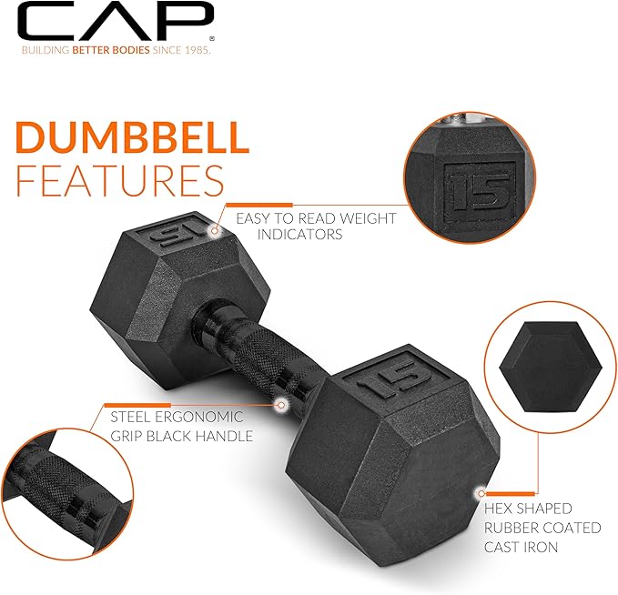 CAP Rubber Coated Hex Dumbbell Set with Storage Rack | 100–210 lb Options, Space-Saving Vertical Compact Storage for Home Gym Strength Training