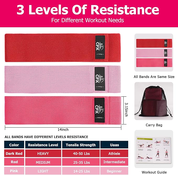 CFX Resistance Bands Set, Exercise Bands with Non-Slip Design for Hips & Glutes, 3 Levels Workout Bands for Women and Men, Booty Bands for Home Fitness, Yoga, Pilates
