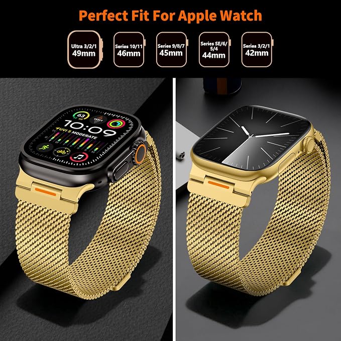 Bands Compatible with Apple Watch Ultra 3/2/1 Band 49/46/45/44mm | Milanese Loop Magnetic Stainless Steel Strap for iWatch Ultra SE 3/2/1 Series 11 10 9 8 7 6 5 4 3 2 1 Men, Gold