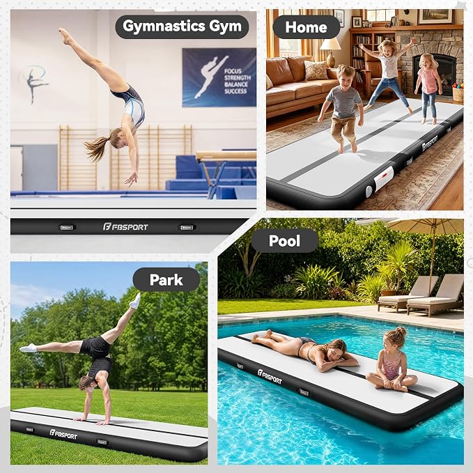 FBSPORT 6.6ft/10ft/13ft/16ft/20ft Inflatable Air Gymnastics Training Mat | 4/6/8 inches Thickness Inflatable Mat, with Electric Pump, Suitable for Home Training/Cheerleading/Yoga/Water